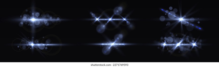 Transparent light flare. Sun particles and sparks with highlight effect. Blue lights bokeh glitter or sequins. Lens flare sparkles, shiny glowing stars. Glare, lines, explosion, vector illustration
