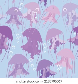 Transparent light purple and pink jellyfish in blue water with air bubbles, seamless vector pattern