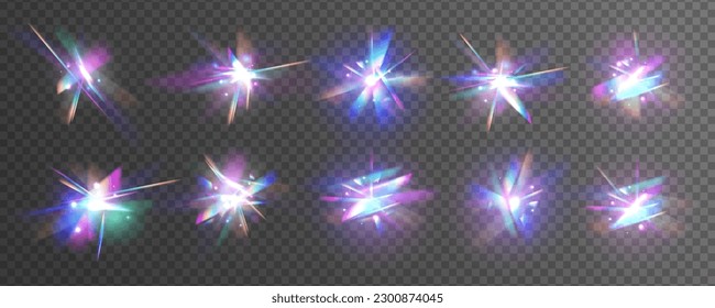 Transparent light refraction pattern for adding effects to backgrounds and objects. Holographic falling confetti glitters isolated on transparent background. Vector illustration.