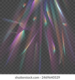 Transparent light refraction pattern for adding effects to backgrounds and objects. Holographic falling confetti glitters isolated on transparent background. Vector illustration.