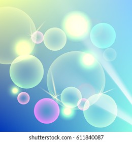 Transparent light series. Glare template with sun-rays and bubbles.
