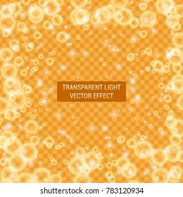 Transparent light vector effect. Bright, glowing, shiny festive decoration. Golden color.