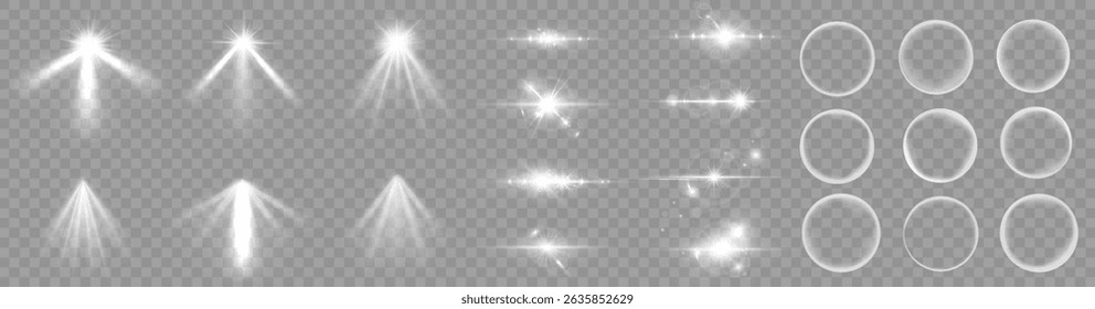 Transparent light wallpaper with glowing beam, flare, sparkle and magic curve, bright sun, dynamic rotation, glitter flash, festive ray and projection line in abstract vector illustration backdrop