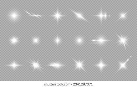 Transparent lighting effects on a transparent background. A collection of various glowing sparks, stars. The effect of glow, radiance, shine. Vector EPS 10.