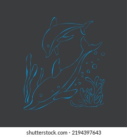 transparent line art dolphin illustration or vector in blue color 