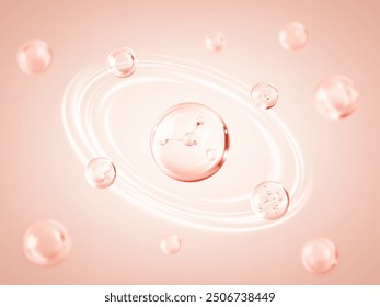 Transparent liquid bubbles with molecules inside. Collagen skin serum. Cosmetic essence or moisturizer. Concept skin care cosmetics solution