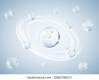 Transparent liquid bubbles with molecules inside. Collagen skin serum. Cosmetic essence or moisturizer. Concept skin care cosmetics solution