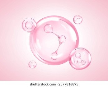 Transparent liquid collagen bubbles with molecules inside. Collagen skin serum. Cosmetic essence. Hyaluronic acid bubbles. Skincare product. Concept skin care cosmetics solution