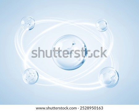 Transparent liquid collagen bubbles with molecules inside. Collagen skin serum. Cosmetic essence. Cosmetic skincare product. Concept skin care cosmetics solution