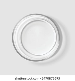 Transparent liquid drop on petri dish realistic vector illustration. Medicine laboratory tests and research. Skincare cosmetic product texture