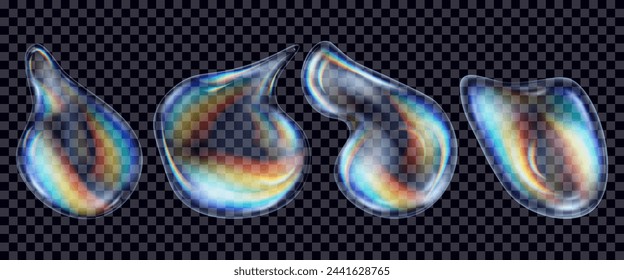 Transparent liquid drops flowing down with a refraction effect on a dark checkerboard background