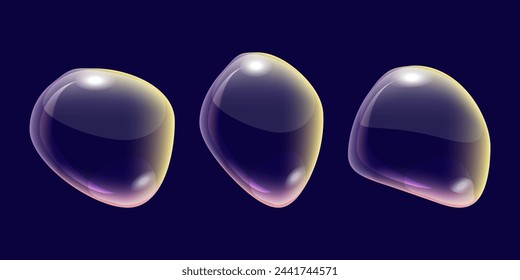 Transparent liquid forms water drops isolated set. Shape refracts light. Multicolored shapes. Realistic volumetric drops. Banner and flyer design. Vector illustration.