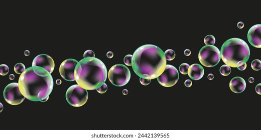Líquido transparente forma gotas de agua burbuja de jabón. La forma refracta la luz. Caídas volumétricas realistas. Diseño de banner y flyer. Ilustración vectorial.