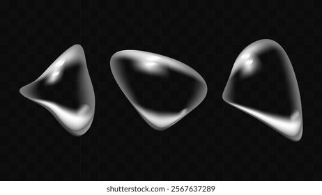 Transparent liquid forms water drops isolated set. Effect of refraction of light. Realistic volumetric drops. Banner and flyer design. Vector illustration.