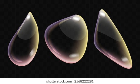 Transparent liquid forms water drops isolated set. Realistic volumetric drops unique texture. Banner and flyer design. Vector illustration.