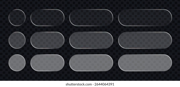 Transparent liquid glass buttons and shapes with reflections. User interface element for modern app design and web template. Vector graphics.