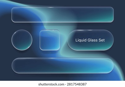 Transparent liquid glass ui buttons with fluid texture, blur effect, modern 3d vector design elements on background. Glassmorphism frame icons, search bar for futuristic app interface and web design