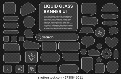 Kit de Elementos de interfaz de usuario de vidrio líquido transparente. Kit de interfaz de usuario de chat Glassmorphism con barras de Búsqueda, burbujas de voz, Botones y componentes del tablero de instrumentos. Varios Elementos de UI de Anuncio de vidrio líquido.