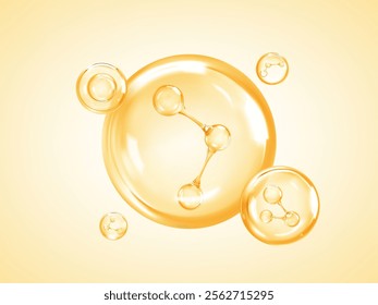 Transparent liquid сosmetic oil bubbles with molecules inside. Collagen skin serum. Cosmetic essence. Hyaluronic acid bubbles. Skincare product. Concept skin care cosmetics solution