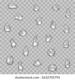 Gotas de água líquidas transparentes, gotas realistas. Conjunto vetorial de diferentes bolhas de líquido puro