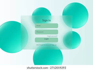 Painel de login transparente com esferas de gradiente verde suave e elementos mínimos da IU em um fundo moderno claro