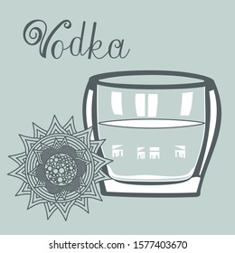 transparent low wide glass for spirits and abstract modern flower in gray tones, monochrome illustration in vintage style on isolated background with the inscription Vodka
