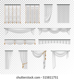 Transparent luxury curtains and draperies interior decoration design ideas realistic images collection checkered background vector illustration 