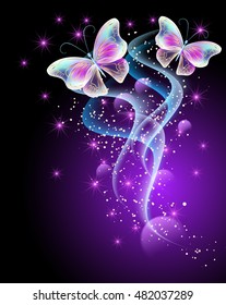 Transparent magical butterflies and glowing stars