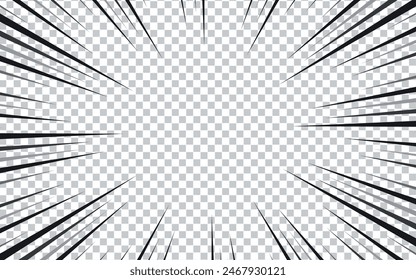 Transparent manga background. Comic explosion, motion speed vector radial line action effect. Anime comic book abstract frame with black pattern of superhero action lines.