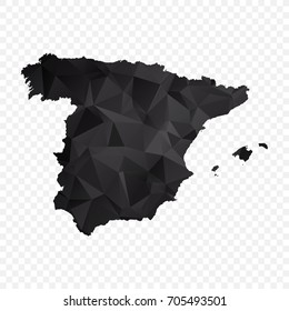 Transparent - Map of Spain. Black Geometric Rumpled Triangular , Polygonal Design For Your . Vector illustration eps 10.