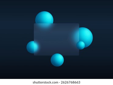 Transparent material partition with glowing floating spheres on dark background. Landing page of the site in the style of glass morphism.