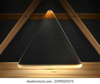 Transparent matt triangular glass plate on the background  wooden structure . Wooden background with table top with space for text. Illuminated Glass Triangle 