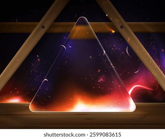 Transparent matt triangular glass plate on the background fier wooden structure . Wooden background with table top with space for text. Illuminated Glass Triangle