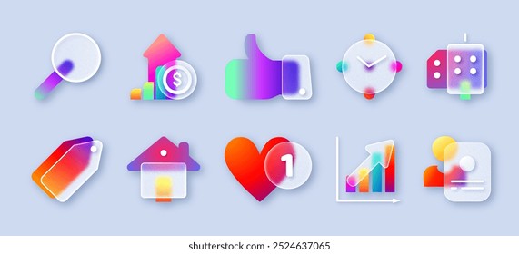 Transparent matte glass morphism ui icon set with neon gradient. Realistic modern 3d frosted buttons of business growth graph, price tag, time, thumbs up and magnifying glass for website or mobile app