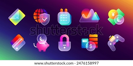 Transparent matte glass morphism ui icons with purple neon gradient. Realistic frosted buttons with glassmorphism blur effect. Vector set of piggy bank, envelope, calendar, gamepad, lock for website.