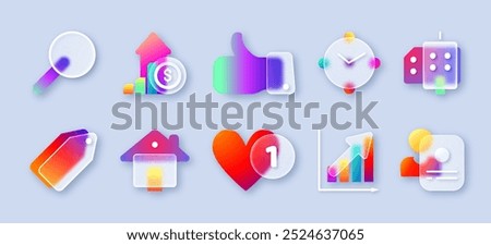 Transparent matte glass morphism ui icon set with neon gradient. Realistic modern 3d frosted buttons of business growth graph, price tag, time, thumbs up and magnifying glass for website or mobile app