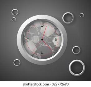 transparent mechanical ring watch with red hand-hour and metallic rings, abstract watch, vector,