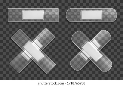 Transparent medical adhesive tape plasters set. Realistic illustration isolated on transparent background. Vector Illustration