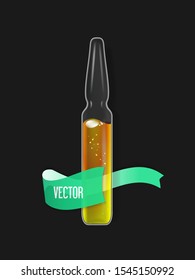 Transparent Medical Ampoule with Yellow liquid drug solution.Vial hypodermic injection.Treatment disease care in hospital and prevention illness. Glass bottle for vaccine, drug, vitamin, cosmetic oil