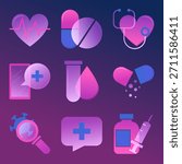 Transparent medicine icon set vector isolated. Collection of medical icons, concept of health and science. Symbols of heart, cross, drug and test tube. Glassmorphism style.