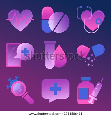 Transparent medicine icon set vector isolated. Collection of medical icons, concept of health and science. Symbols of heart, cross, drug and test tube. Glassmorphism style.