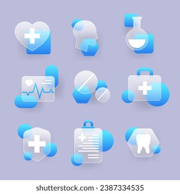 Transparent medicine icons set. Glassmorphism health care vector icons