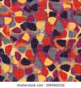 Transparent mesh covering a multicolored trendy camouflage background. Seamless texture.