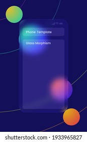 Transparent mobile phone template. Mobile phone template, interface ui in glass morphism. Gradient balls or planets on background, space theme. Vector illustration