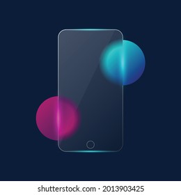 Transparent Mobile Screen In Glass Morphism Style. Blur Circles Background. Glass-morphism Style.