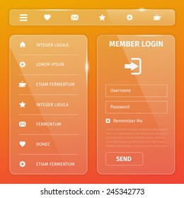 Transparent mobile and web UI template design. Vector eps10 illustration. Member login, horizontal and vertical navigation, button, icons.