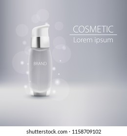 Transparent mocap empty bottle for cosmetics, vector illustration.