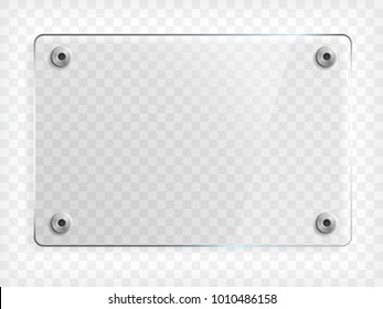 Transparent mock up of a glass plate with metallic mounts. Vector illustration