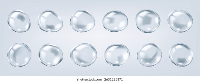 Transparent molecular bubbles of collagen structures realistic color icons set. Skincare medical research of 3d objects bundle on grey