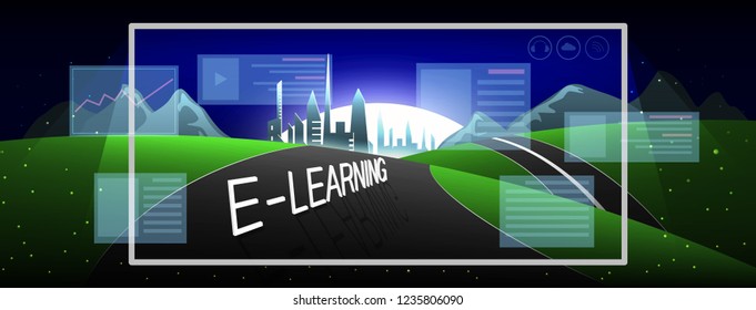 A transparent monitor screen with the word E-LEARNING, illuminates the road leading to the modern city and the sun. The concept of elearning. Vector illustration.